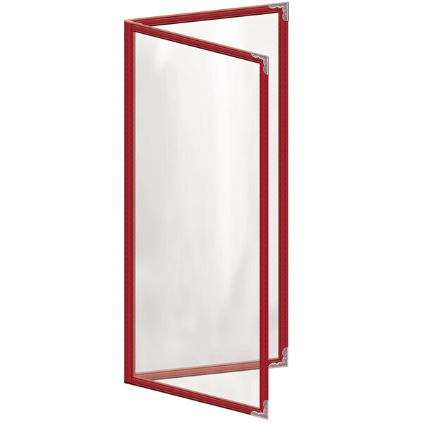 A red rectangular menu cover with silver decorative corners and a white background.