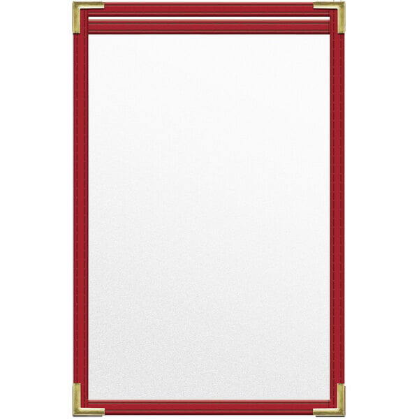 The corner of a red rectangular menu cover with gold corners.