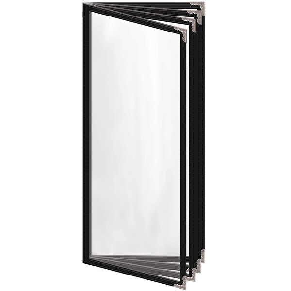 A close up of a black menu cover with silver decorative corners.