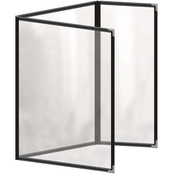 A black menu cover with silver corners and clear windows.