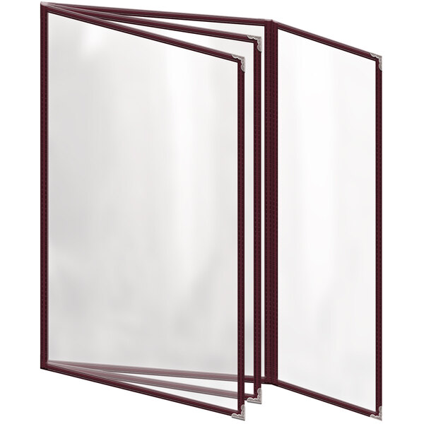 A maroon rectangular menu cover with silver decorative corners and a gloss finish.