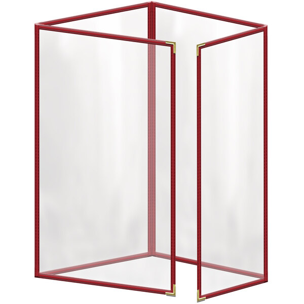 A red vinyl menu cover with gold smooth corners and white trim with 8 views.