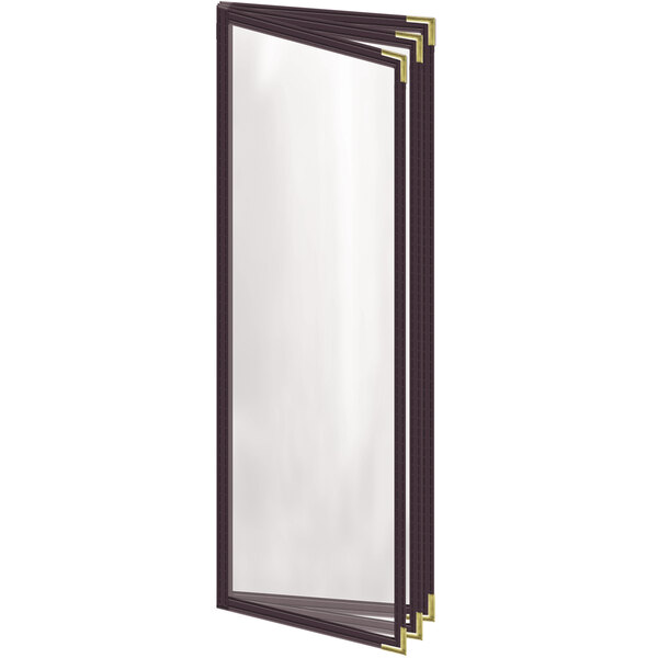 A rectangular brown vinyl menu cover with gold smooth corners and a gloss finish.
