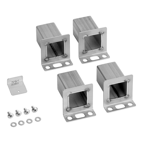 A group of stainless steel brackets with screws and nuts.