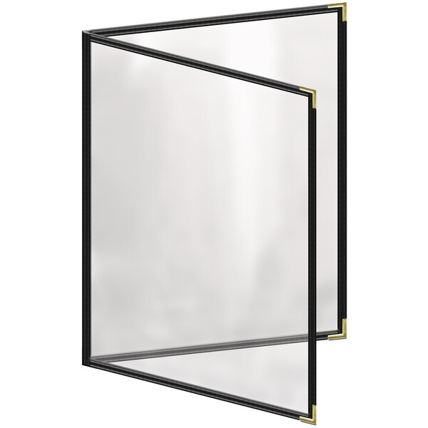 A black menu cover with gold smooth corners and a gloss finish with black frames.