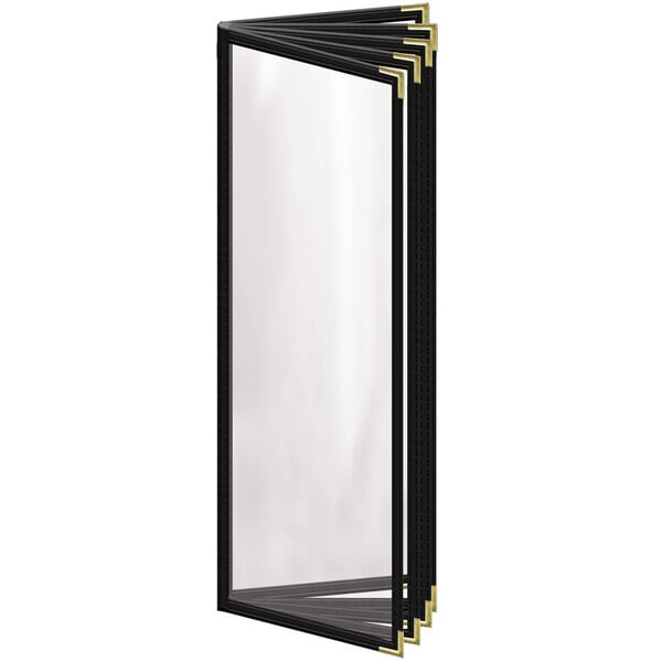 A black rectangular object with a gold frame and glossy finish with white inserts.