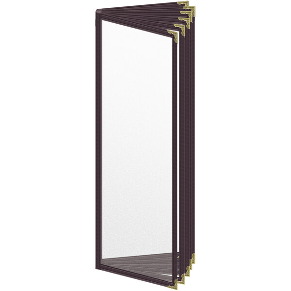 A rectangular brown vinyl menu cover with gold corners and a matte finish.
