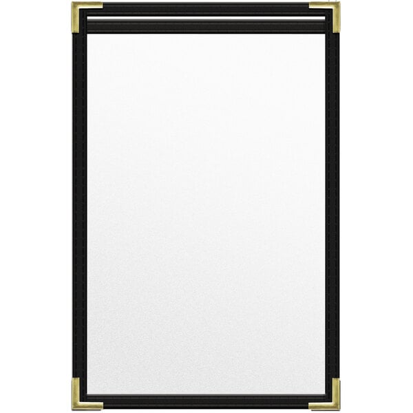 A black rectangular menu cover with gold smooth corners.