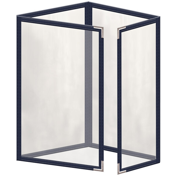 A blue vinyl menu cover with a clear glass frame and silver metal corners.