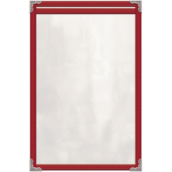 A red vinyl menu cover with silver decorative corners and a white background.