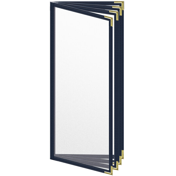 A close-up of a white rectangular H. Risch menu cover with gold smooth corners.