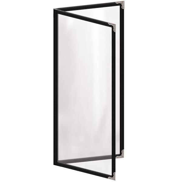 A black rectangular menu cover with silver decorative corners.