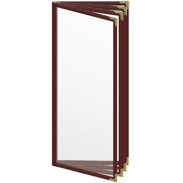 A close-up of a maroon H. Risch, Inc. menu cover with gold corners and a matte finish.