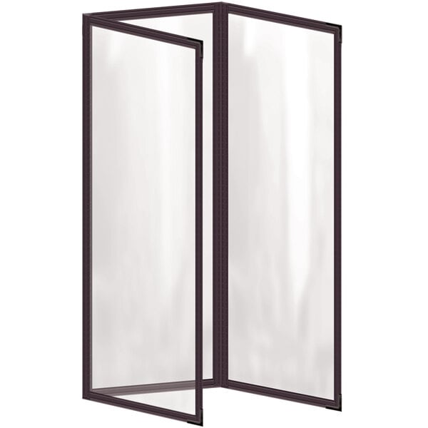 A brown vinyl menu cover with black corners and a black border with white stitching.