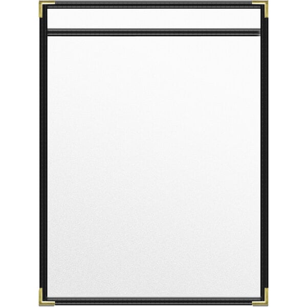 A white board with black frame and gold corners containing two black pages with white lines.