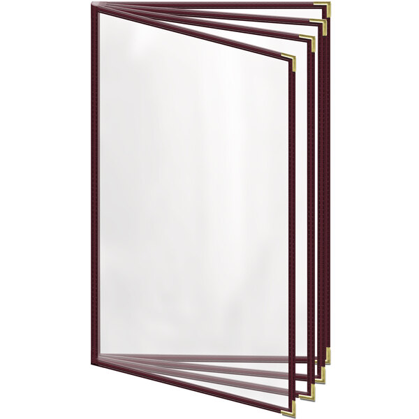 A white rectangular menu cover with a red border and gold metal corners.