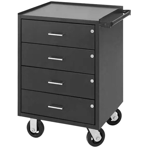 A black cabinet with four drawers on wheels.