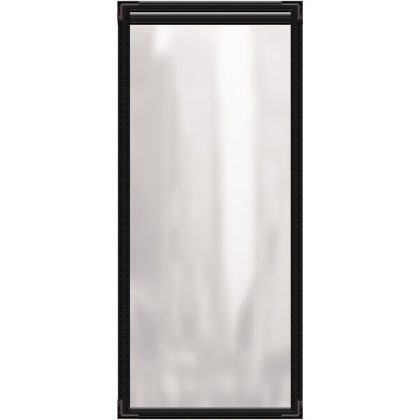 A rectangular white menu cover with black edges.