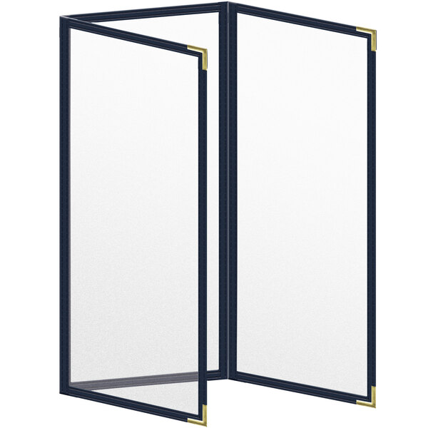 A white rectangular menu cover with black lines and gold corners.