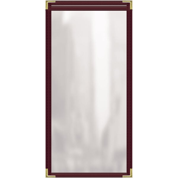 A maroon vinyl menu cover with gold smooth corners.