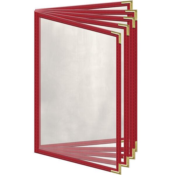 A red folder with a gold edge and rectangular frame with white inserts.