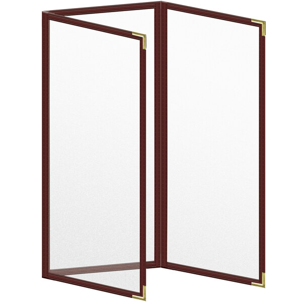 A maroon vinyl menu cover with gold corners and trim and a matte finish.