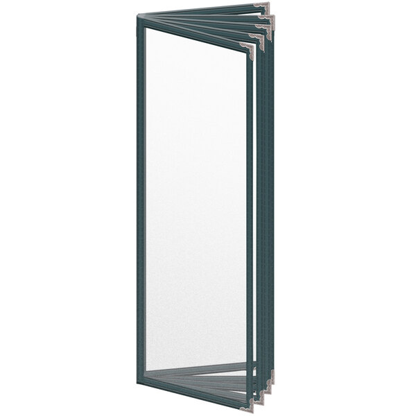 A white rectangular H. Risch, Inc. vinyl menu cover with a blue border and silver decorative corners.