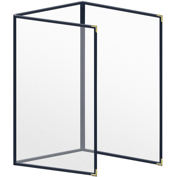 A blue vinyl menu cover with gold corners and a black rectangular frame.
