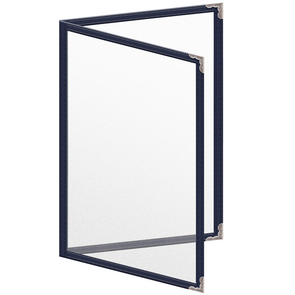 A blue rectangular menu cover with silver decorative corners.