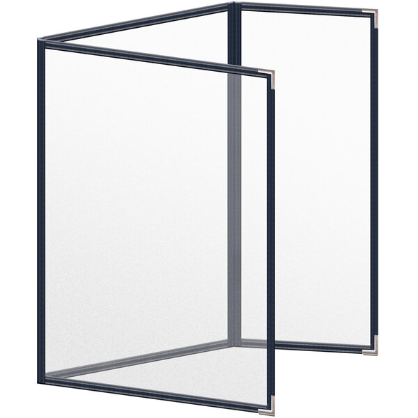 A blue rectangular menu cover with silver corners and black edges.