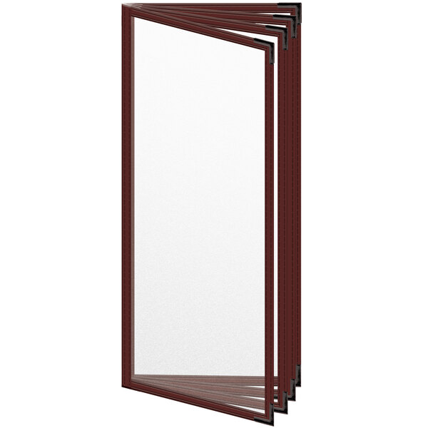 A H. Risch maroon menu cover with black corners and a matte finish.