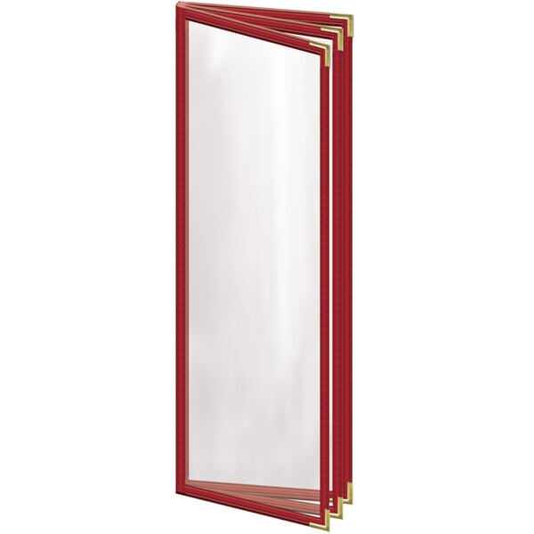 A red rectangular menu cover with gold trim and a glossy finish.