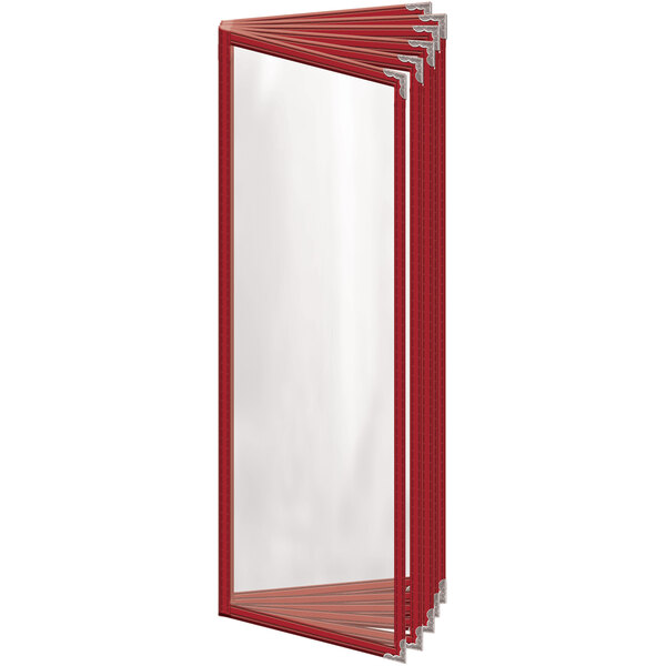 A red rectangular H. Risch, Inc. menu cover with silver corners and a gloss finish.