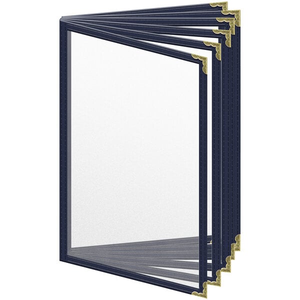 A group of blue H. Risch, Inc. menu covers with gold corners.