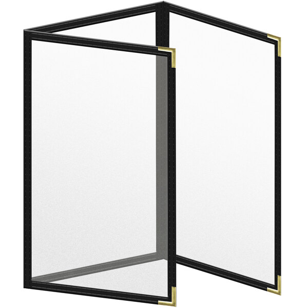 A black rectangular menu cover with white inside and gold corners.