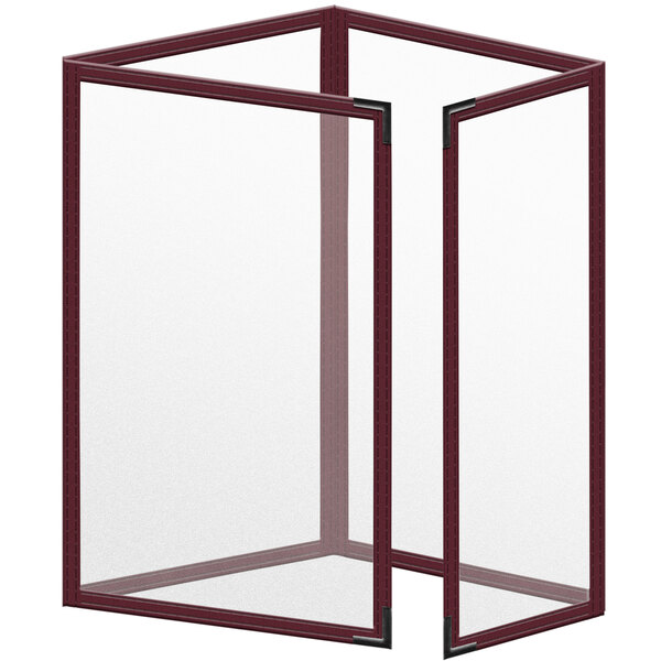 A maroon vinyl menu cover with black corners and a matte finish.