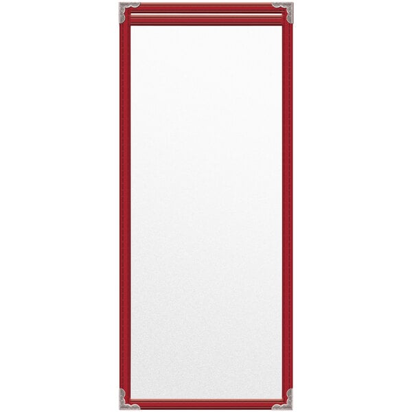 A red rectangular menu cover with silver decorative corners.