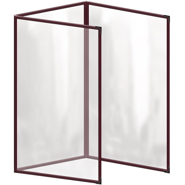 A maroon vinyl menu cover with black corners and a gloss finish.