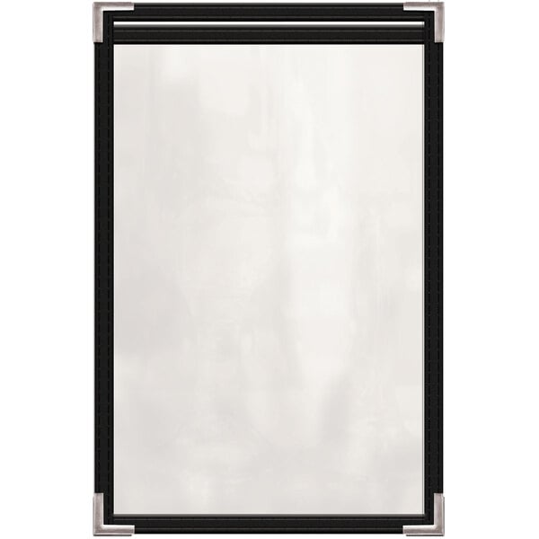 A black rectangular H. Risch, Inc. menu cover with black and silver corners on a white background.