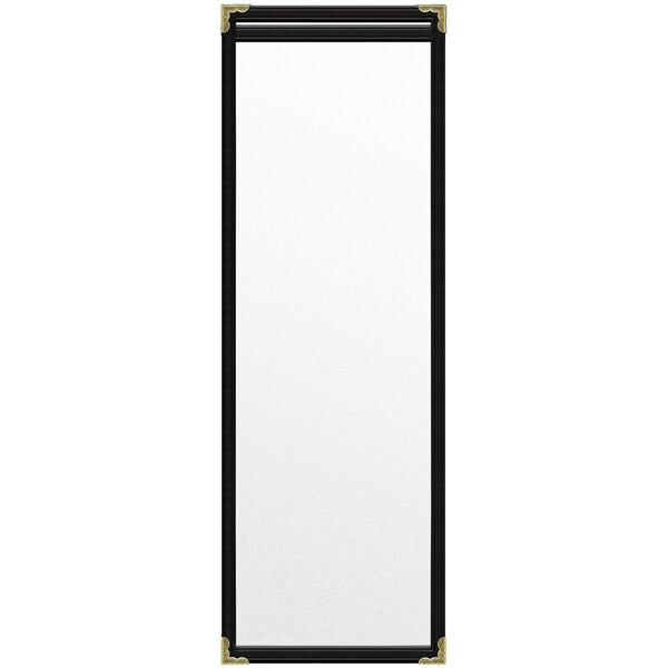 A rectangular black vinyl menu cover with gold corners and a black border.
