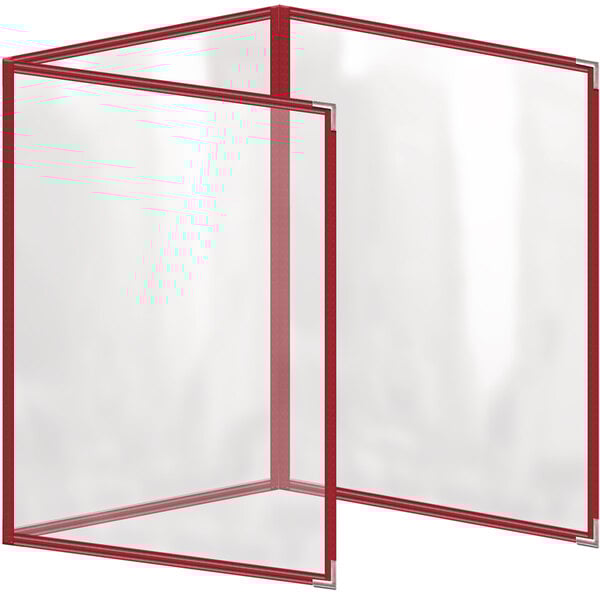 A white rectangular menu cover with red border corners and a clear plastic case.