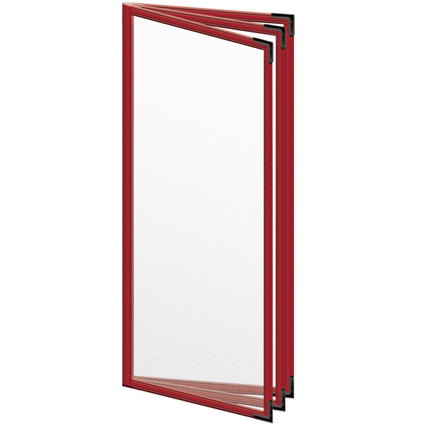 A red rectangular menu cover with black smooth corners and a white background with red and black windows.