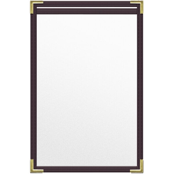 A white paper with a brown vinyl menu cover with gold corners.