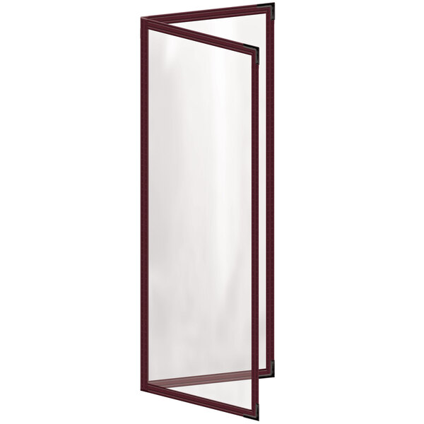 A rectangular maroon menu cover with black corners and a glossy finish.