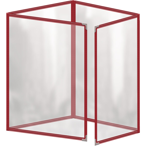 A transparent box with a red frame containing a H. Risch, Inc. TETQ Deluxe Sewn 8 1/2" x 11" menu cover with silver decorative corners.