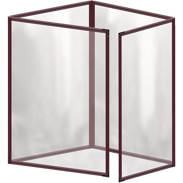 A maroon rectangular vinyl menu cover with black smooth corners and a gloss finish with a red border.