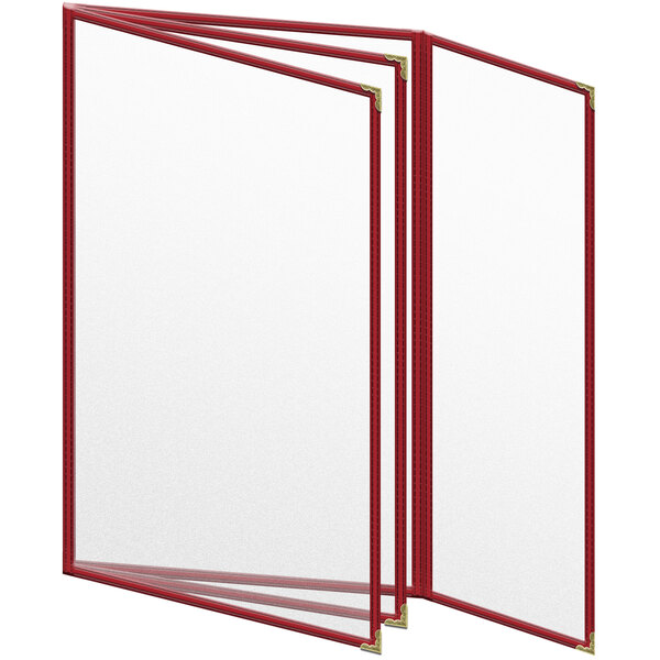 A red rectangular menu cover with gold corners and a white frame containing eight pages.