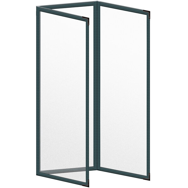 A white rectangular menu cover with a black border and green vinyl inserts.