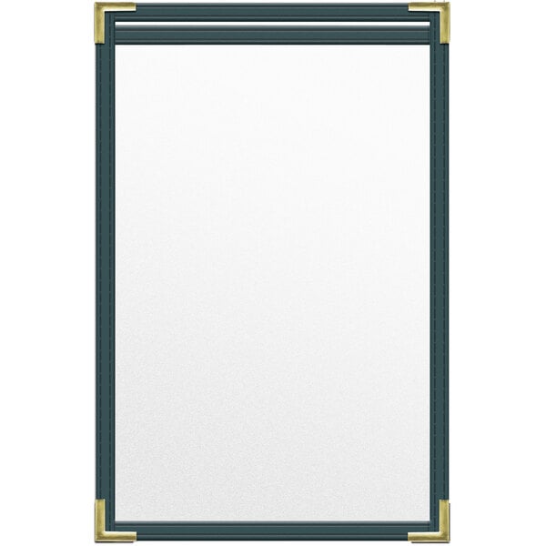 A green vinyl menu cover with gold smooth corners and a matte finish with white board inserts.