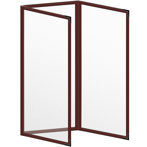 A maroon rectangular menu cover with black smooth corners and black lines.